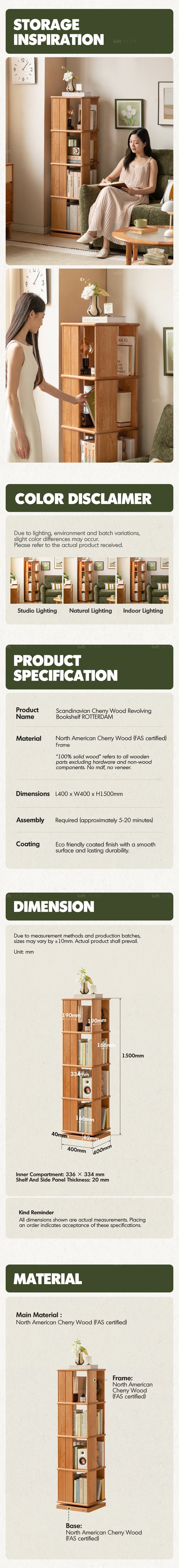 more product details and feature of Scandinavian Cherry Wood Revolving Bookshelf ROTTERDAM
