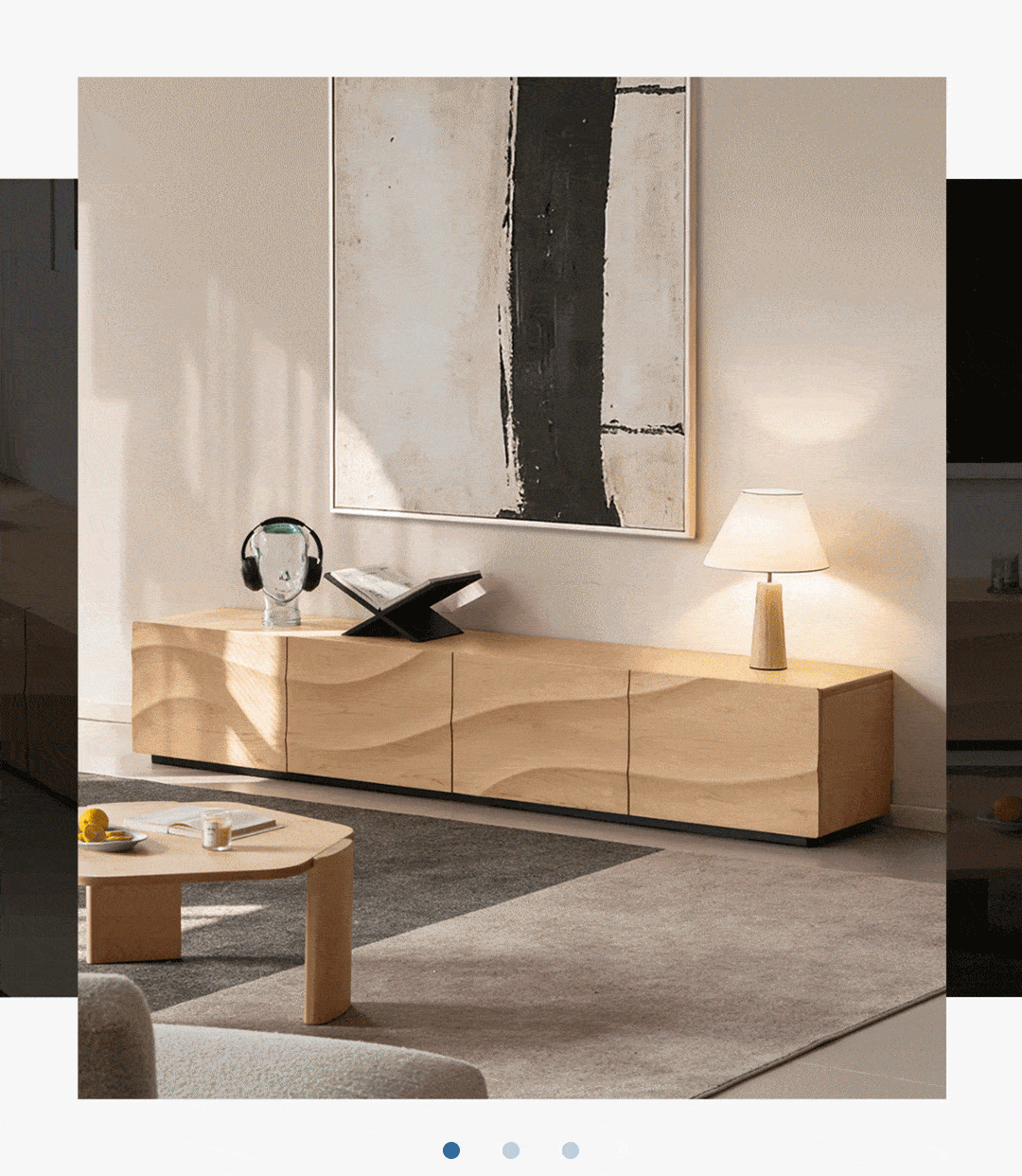 Scandinavian oak wood tv console wave in real life style.