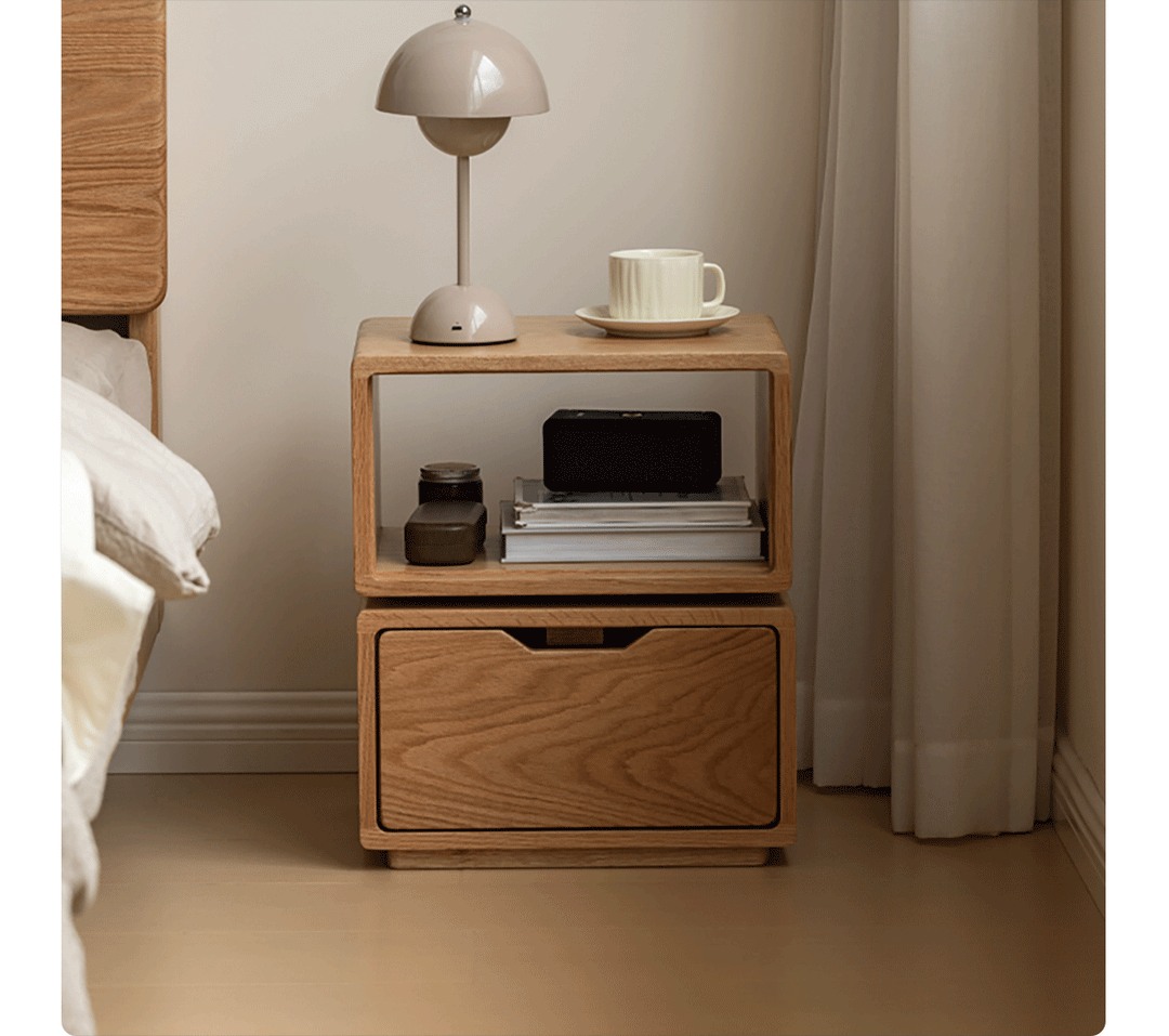 Scandinavian oak wood revolving side table twist in details.