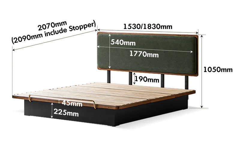 dimension detail diagram of Bauhaus Walnut Wood Storage Bed FILM