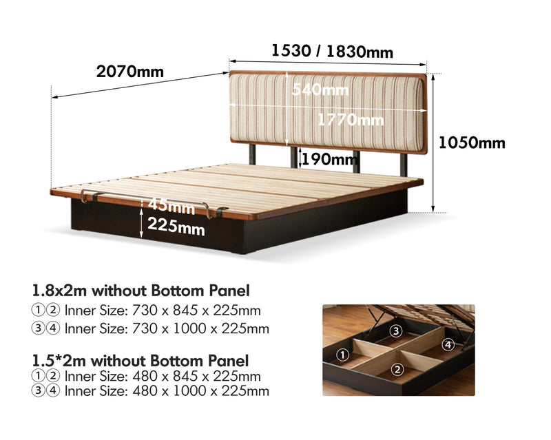 dimension detail diagram of Bauhaus Boxwood Storage Bed FILM