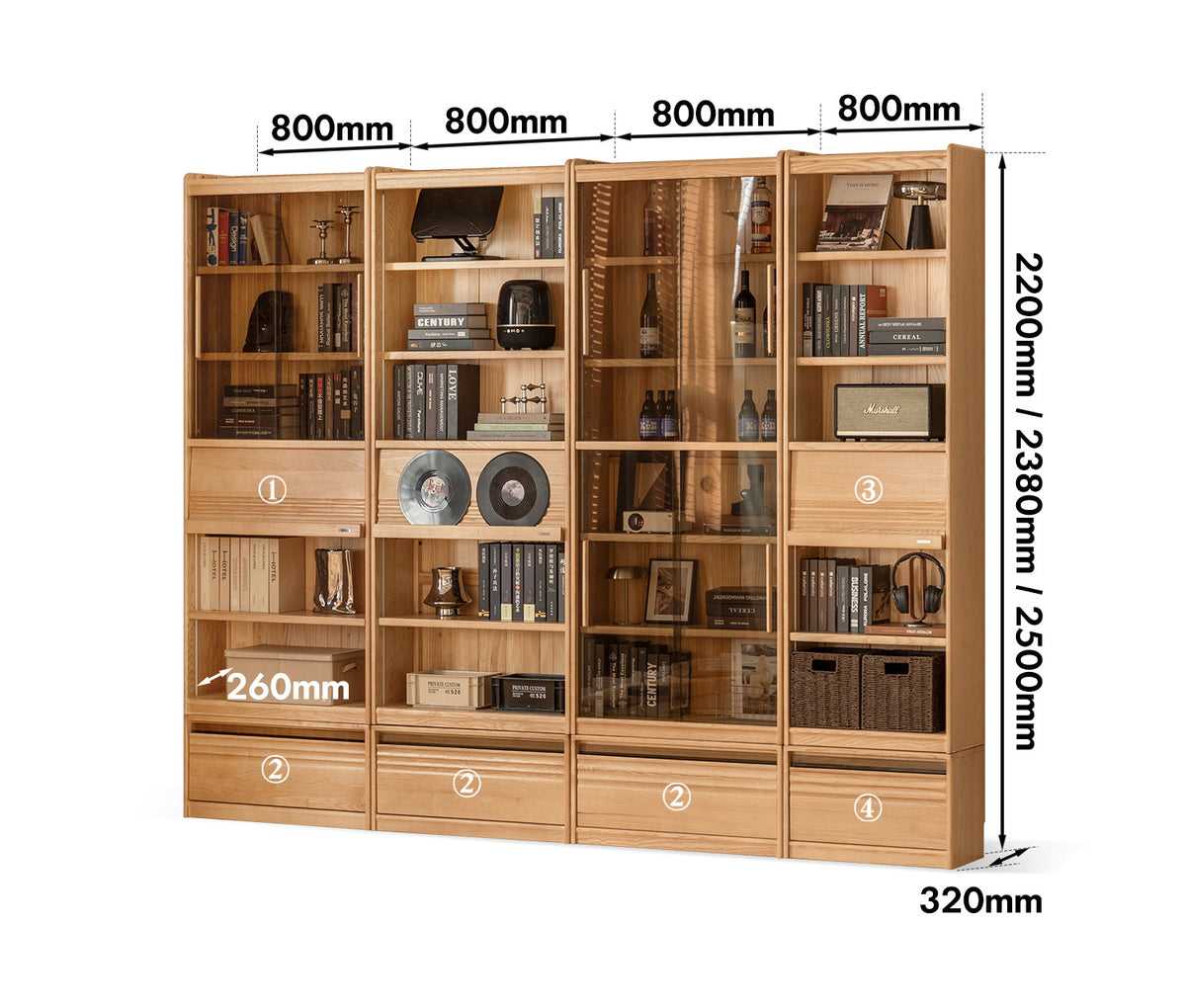 dimension detail diagram of Scandinavian Ash Wood Bookshelf GALLERY