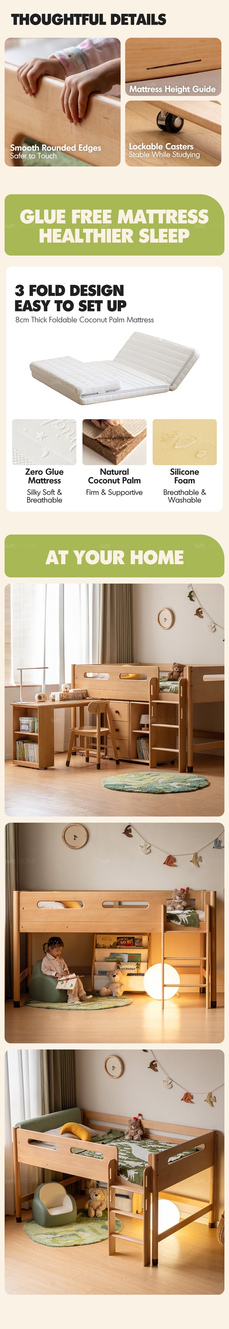 more product details and feature of Scandinavian Beech Wood Kids Storage Bed With Study Desk MATCHSTICK