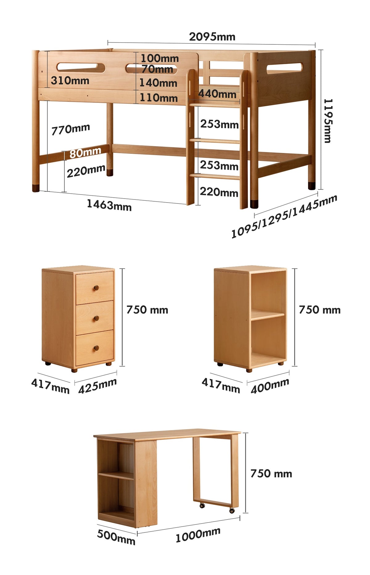 dimension detail diagram of Scandinavian Beech Wood Kids Storage Bed With Study Desk MATCHSTICK