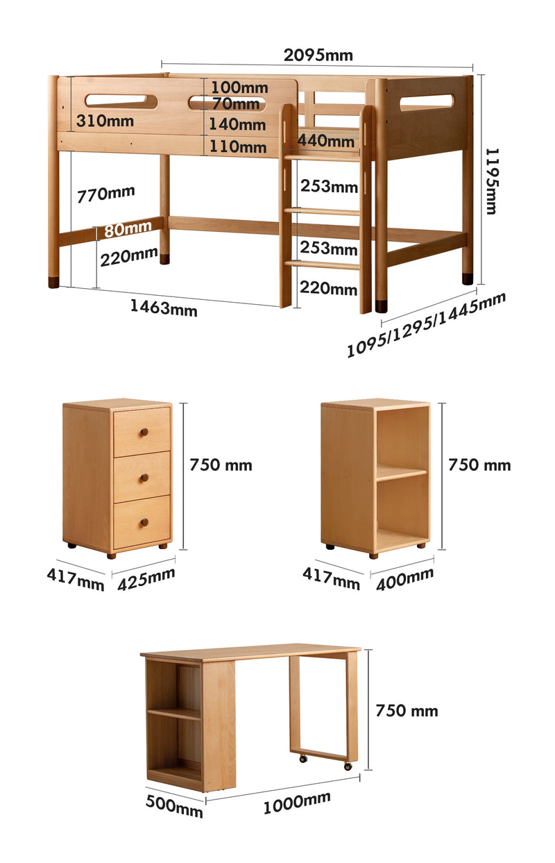 dimension detail diagram of Scandinavian Beech Wood Kids Storage Bed With Study Desk MATCHSTICK