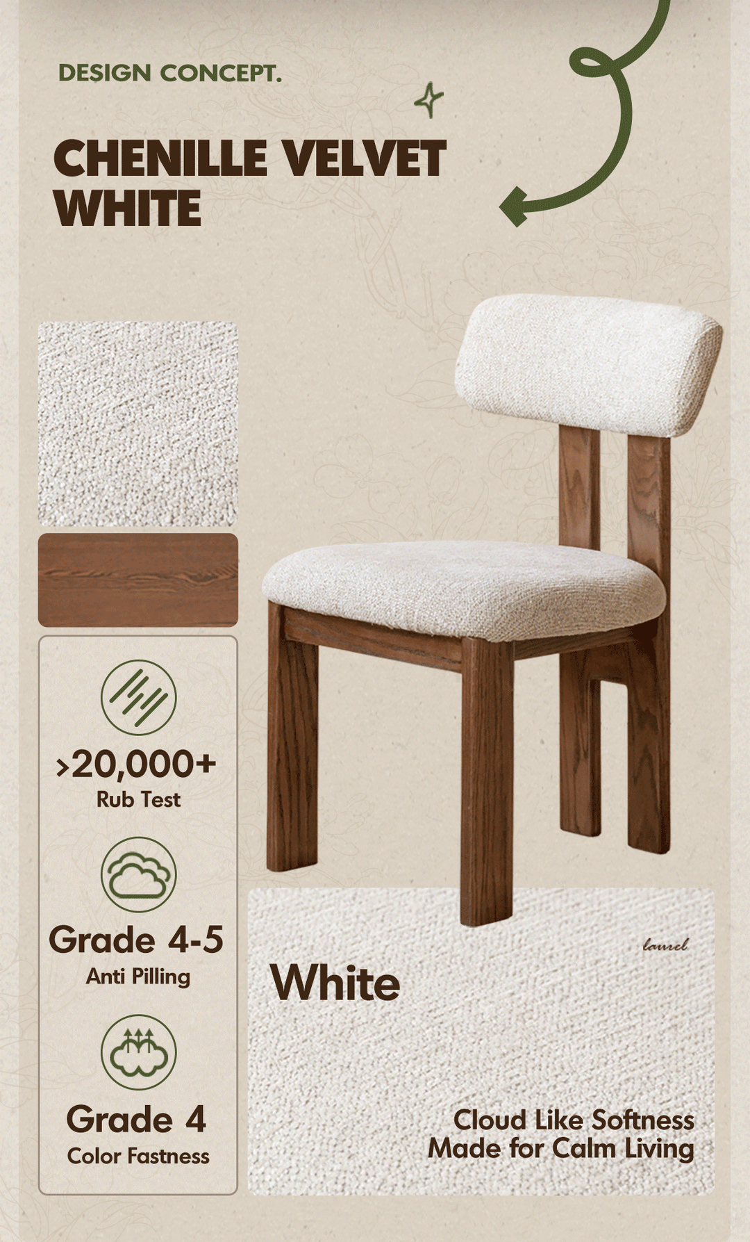 Bauhaus boucle fabric dining chair roma in details.