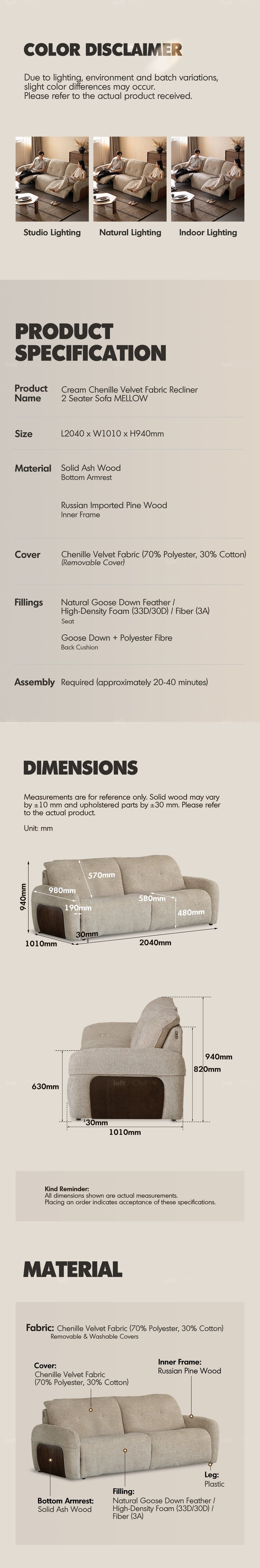 more product details and feature of Cream Chenille Velvet Fabric Recliner 2 Seater Sofa MELLOW