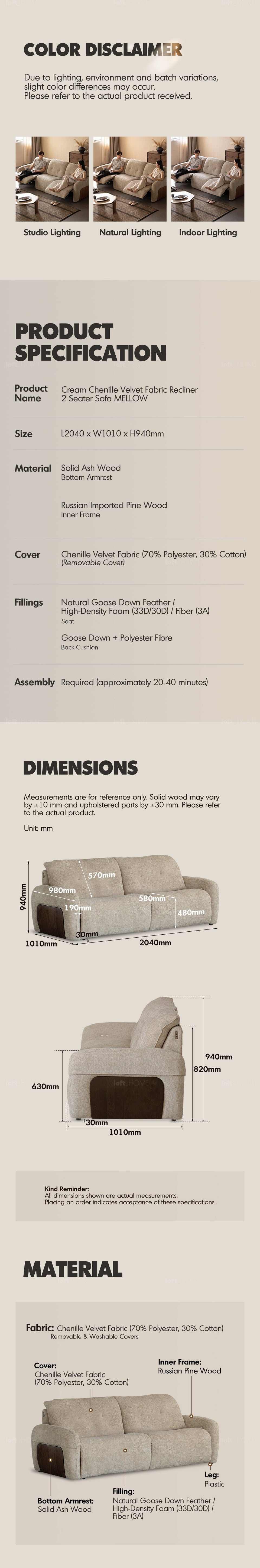 more product details and feature of Cream Chenille Velvet Fabric Recliner 2 Seater Sofa MELLOW