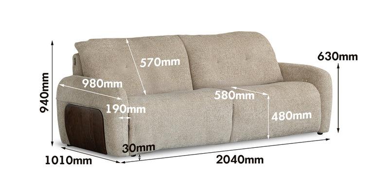 dimension detail diagram of Cream Chenille Velvet Fabric Recliner 2 Seater Sofa MELLOW