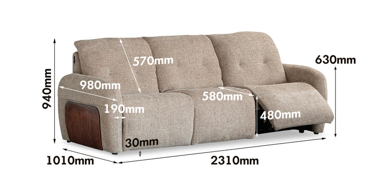 dimension detail diagram of Cream Chenille Velvet Fabric Recliner 3 Seater Sofa MELLOW