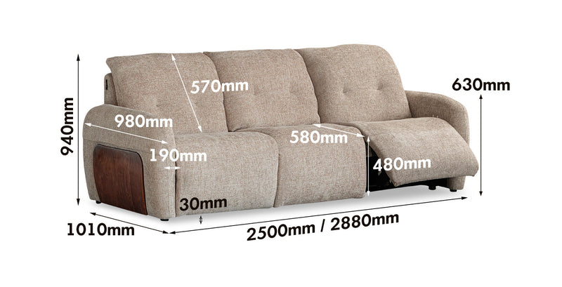 dimension detail diagram of Cream Chenille Velvet Fabric Recliner 4 Seater Sofa MELLOW
