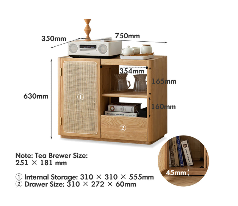 dimension detail diagram of Scandinavian Oak Wood Wheel Tea Side Table VINE