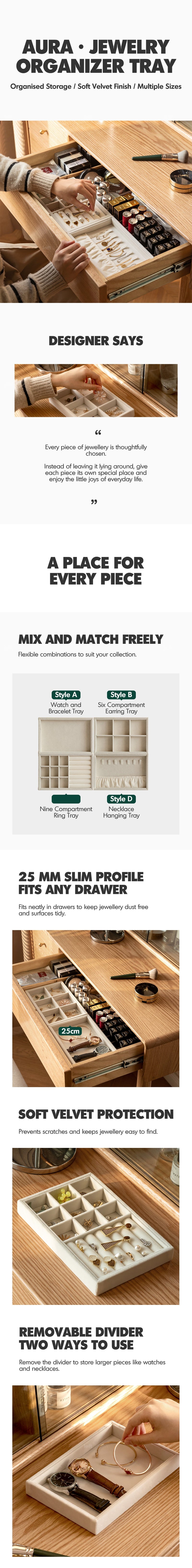 more product details and feature of Minimalist Velvet Fabric Jewelry Organizer Tray 4IN1 Set AURA