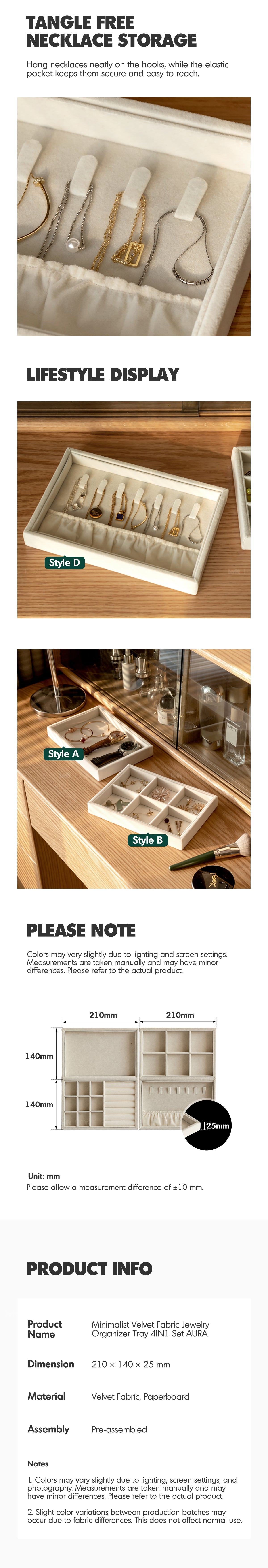 more product details and feature of Minimalist Velvet Fabric Jewelry Organizer Tray 4IN1 Set AURA