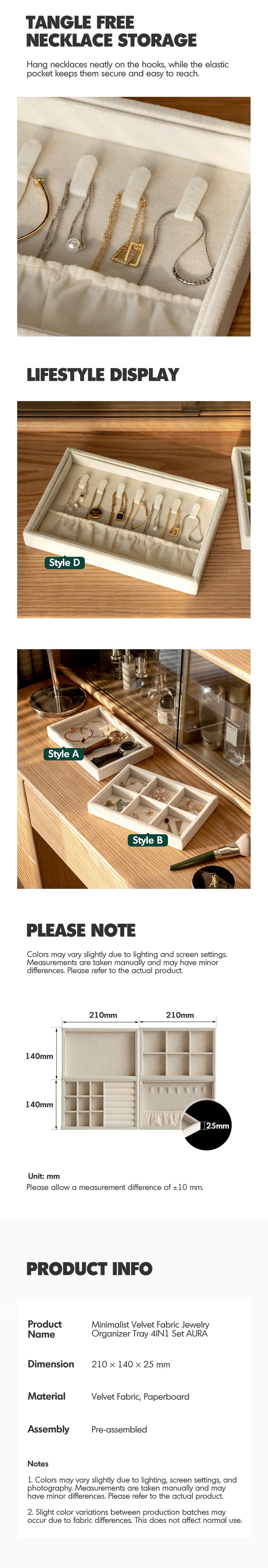 more product details and feature of Minimalist Velvet Fabric Jewelry Organizer Tray 4IN1 Set AURA