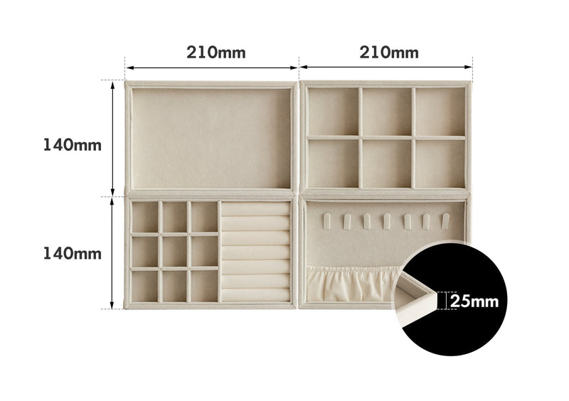 dimension detail diagram of Minimalist Velvet Fabric Jewelry Organizer Tray 4IN1 Set AURA