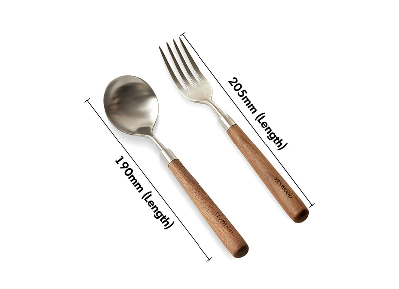 dimension detail diagram of Japandi Walnut Wood 304 Stainless Steel Spoon and Fork 2IN1 Set WOODLAND
