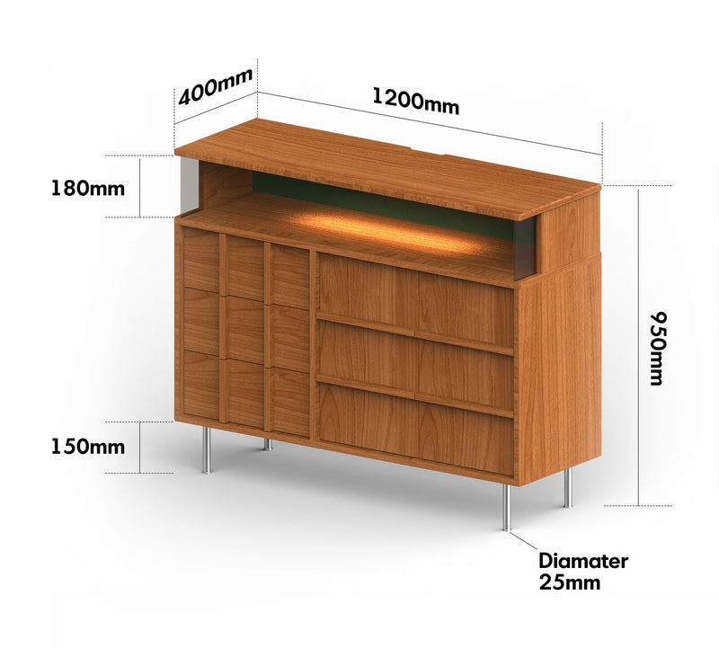 dimension detail diagram of Scandinavian Cherry Wood Side Cabinet BLUE MOUNTAIN