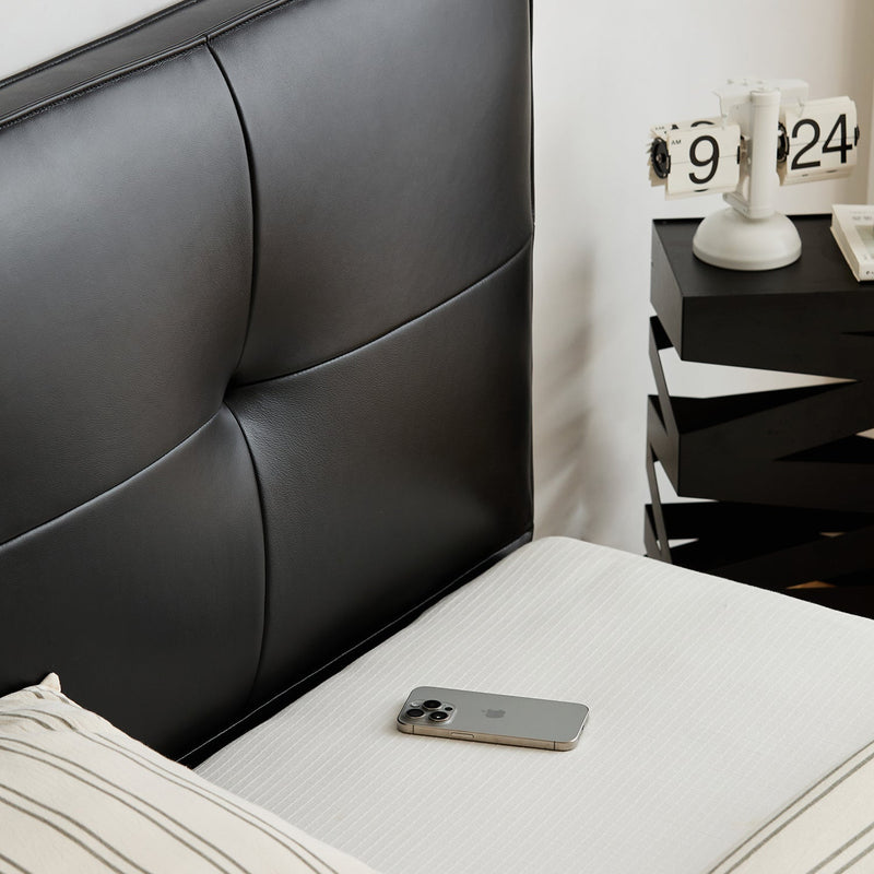 Bauhaus genuine leather bed skillful in white background.
