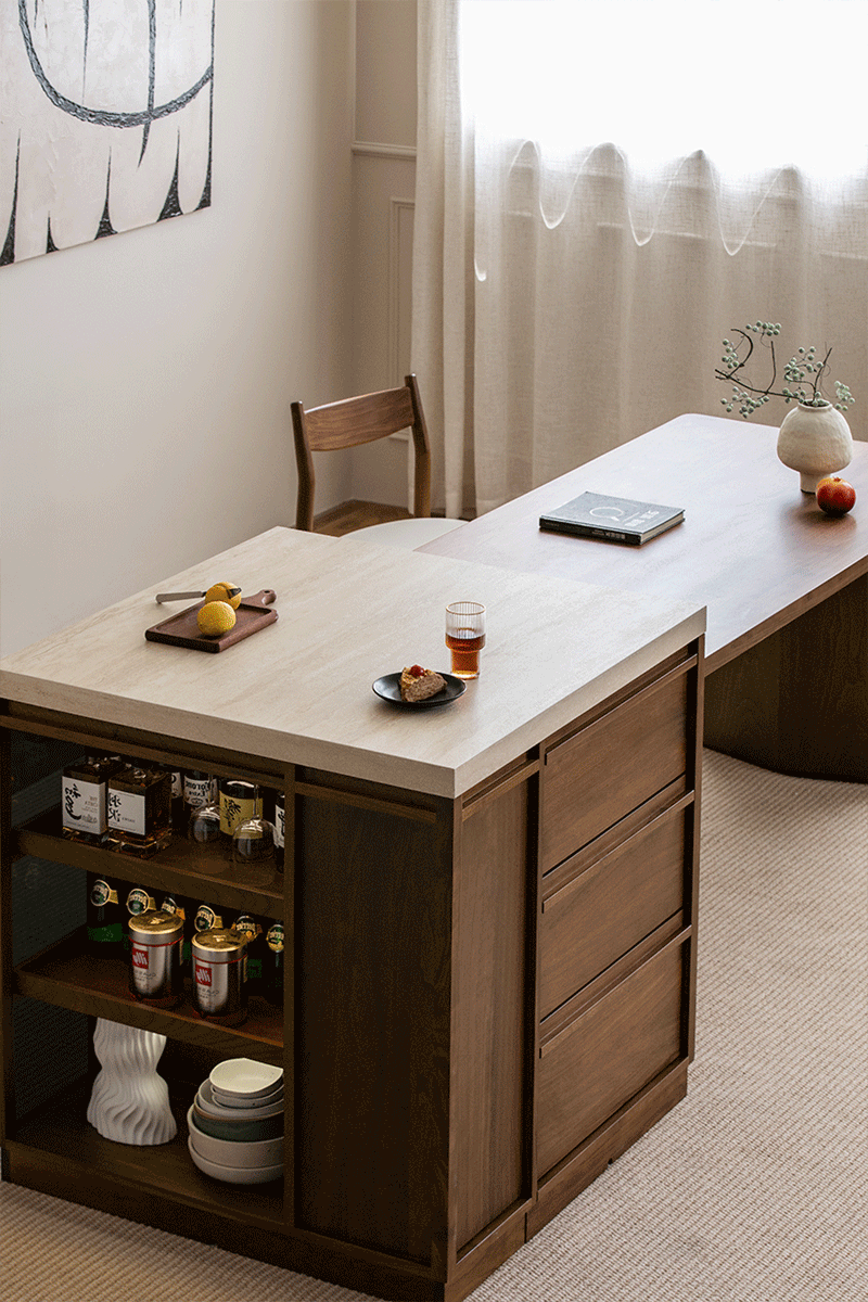 Japandi Walnut Wood Sintered Stone Island Dining Table With Cabinet AXIS More Details and Instruction_5