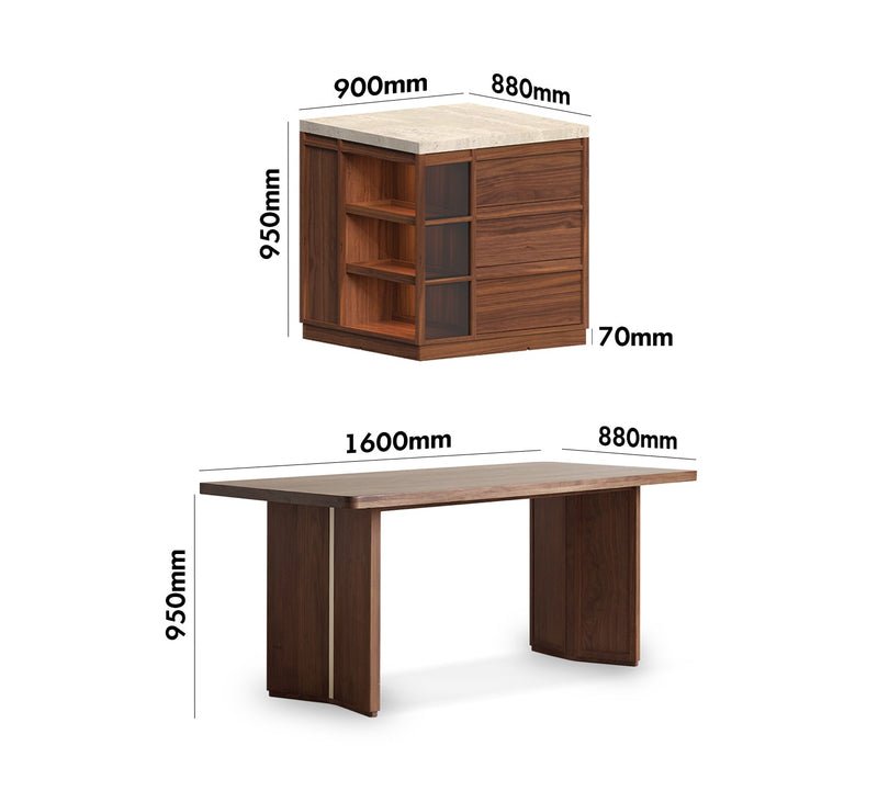 dimension detail diagram of Japandi Walnut Wood Sintered Stone Island Dining Table With Cabinet AXIS