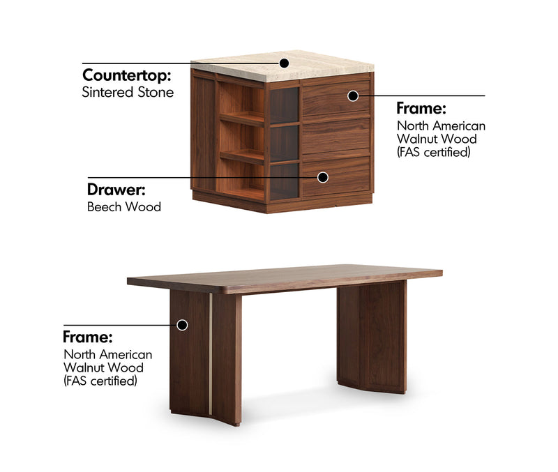 more material details of Japandi Walnut Wood Sintered Stone Island Dining Table With Cabinet AXIS