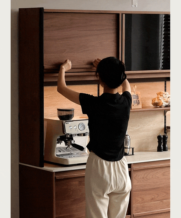 Japandi walnut wood sintered stone cabinet axis environmental situation.