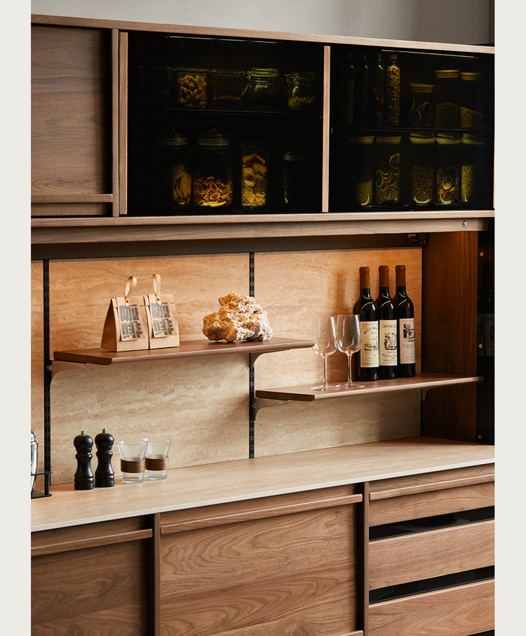 Japandi walnut wood sintered stone cabinet axis situational feels.