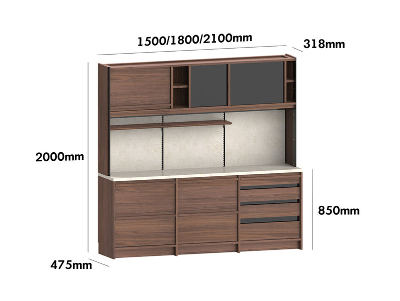 dimension detail diagram of Japandi Walnut Wood Sintered Stone Storage Side Cabinet AXIS