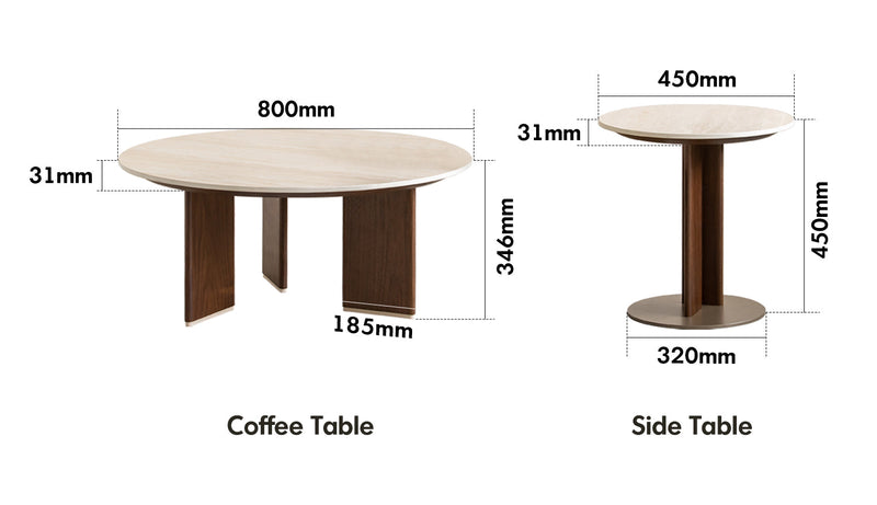 dimension detail diagram of Japandi Sintered Stone Coffee Table Set VALE