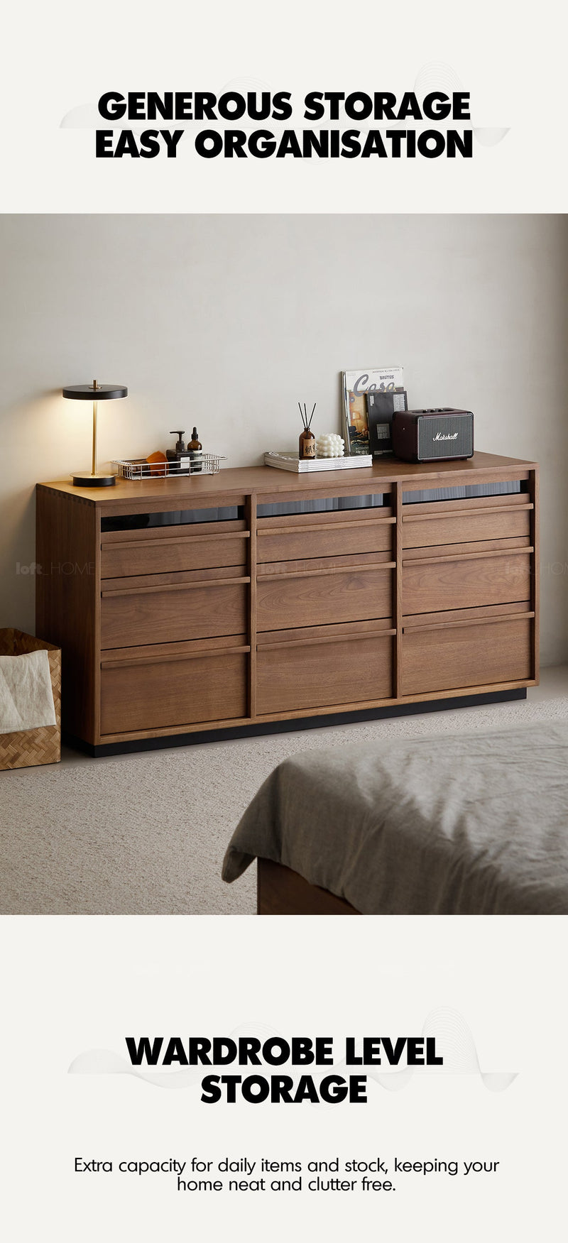 more product details and feature of Japandi Walnut Wood Chest Of 9 Drawers AXIS