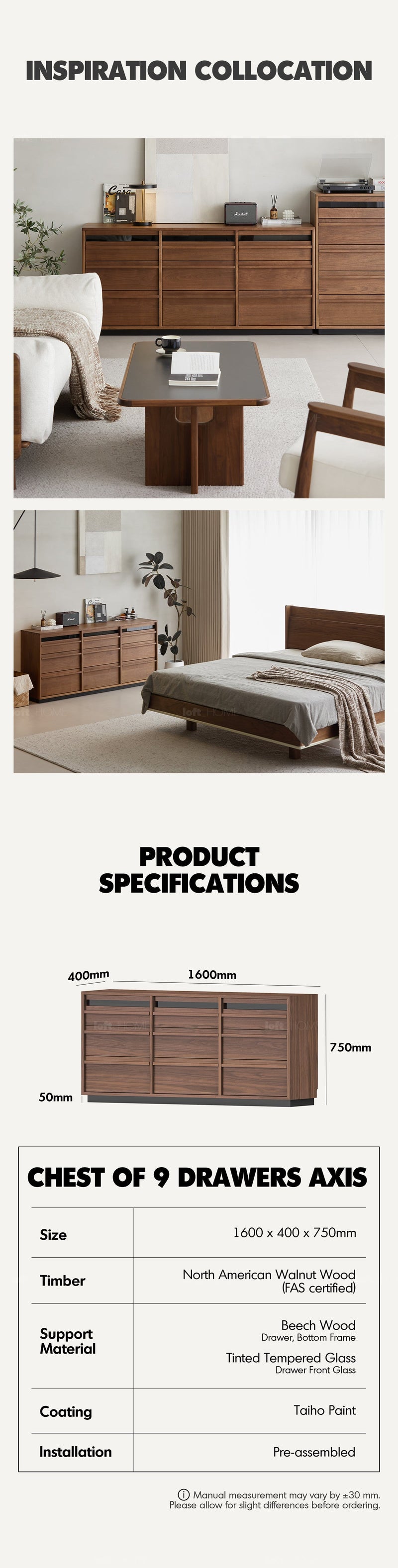 more product details and feature of Japandi Walnut Wood Chest Of 9 Drawers AXIS