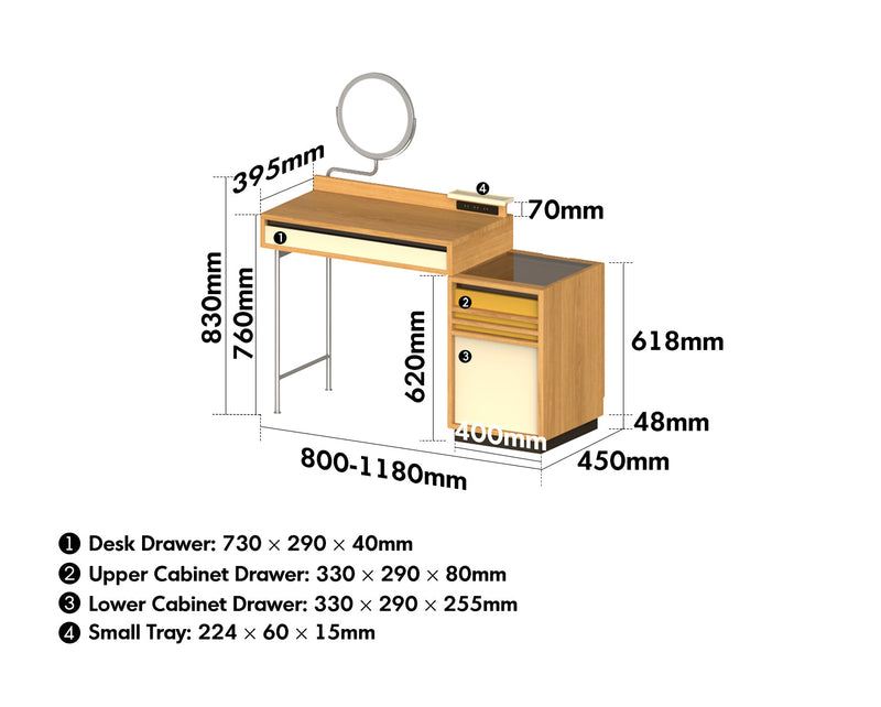dimension detail diagram of Bauhaus Oak Wood Dressing Table TEMPO