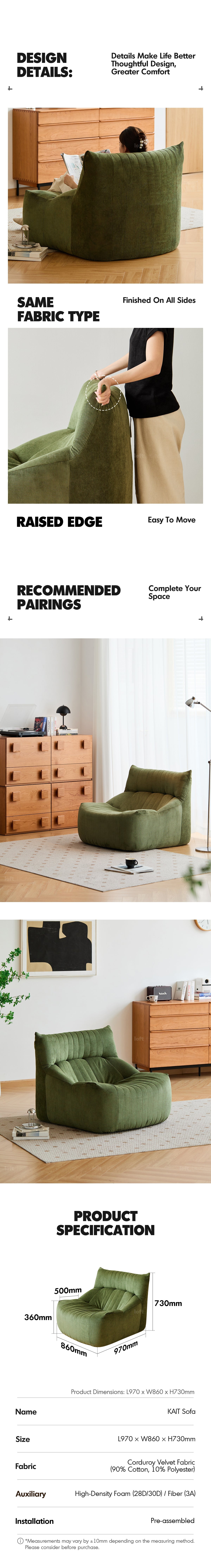 more product details and feature of Cream Corduroy Velvet Fabric 1 Seater Sofa KAIT