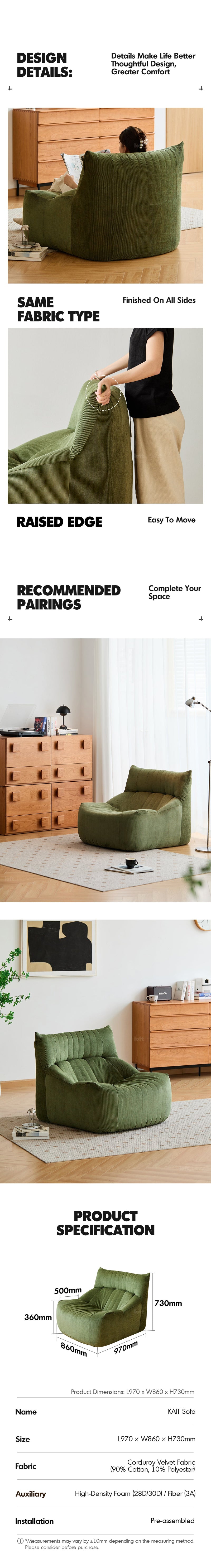 more product details and feature of Cream Corduroy Velvet Fabric 1 Seater Sofa KAIT