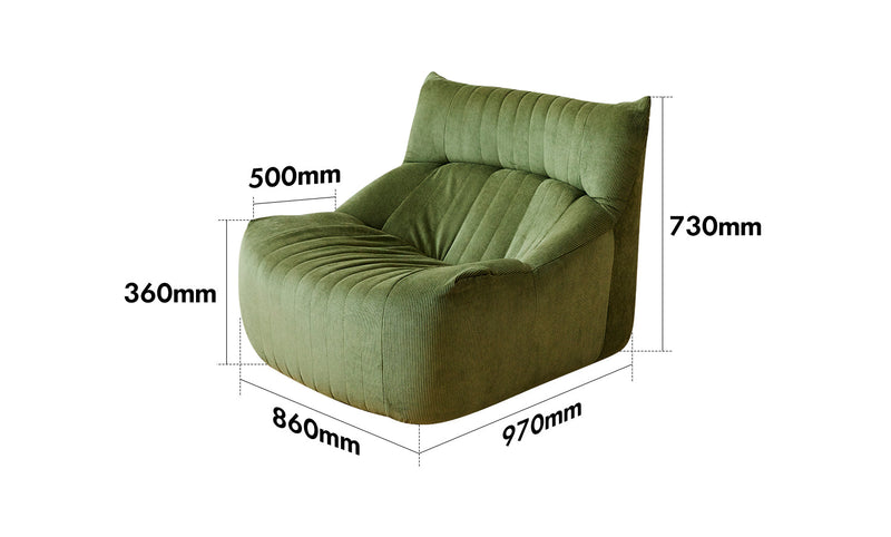 dimension detail diagram of Cream Corduroy Velvet Fabric 1 Seater Sofa KAIT