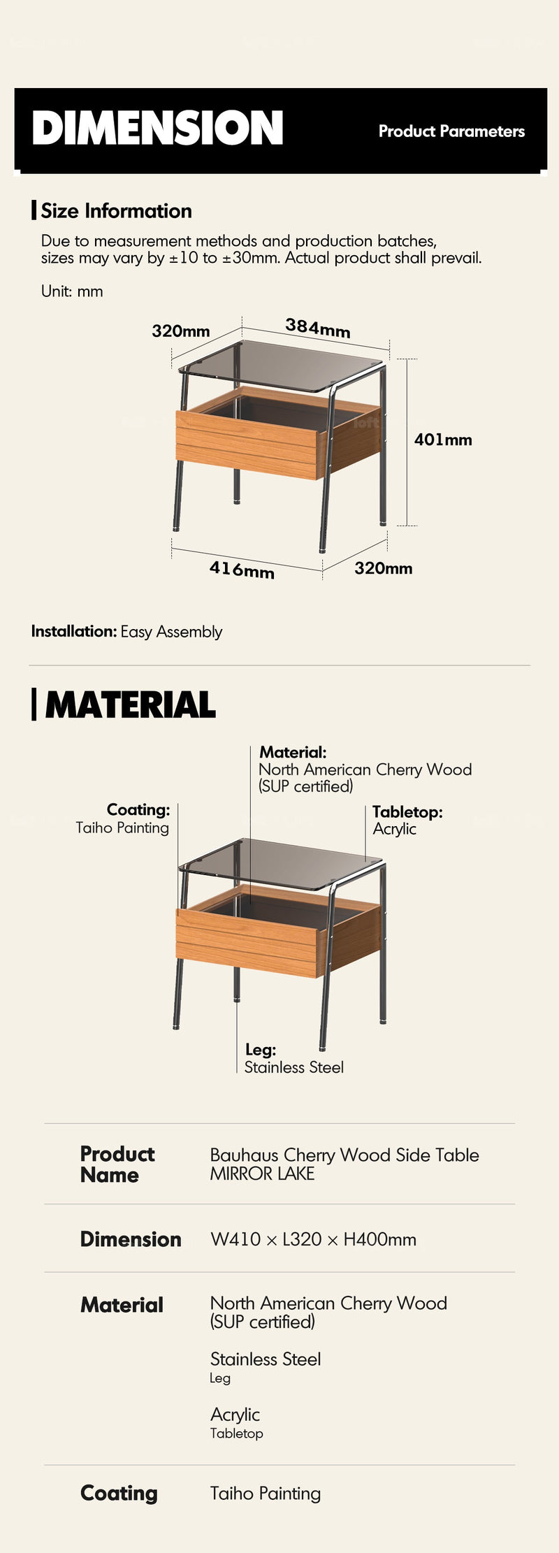more product details and feature of Bauhaus Cherry Wood Side Table MIRROR LAKE