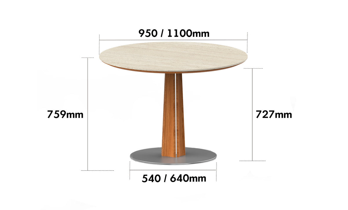 dimension detail diagram of Bauhaus Cherry Wood Sintered Stone Round Dining Table PINECONE