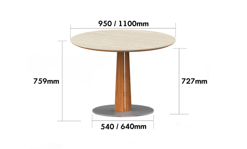 dimension detail diagram of Bauhaus Cherry Wood Sintered Stone Round Dining Table PINECONE