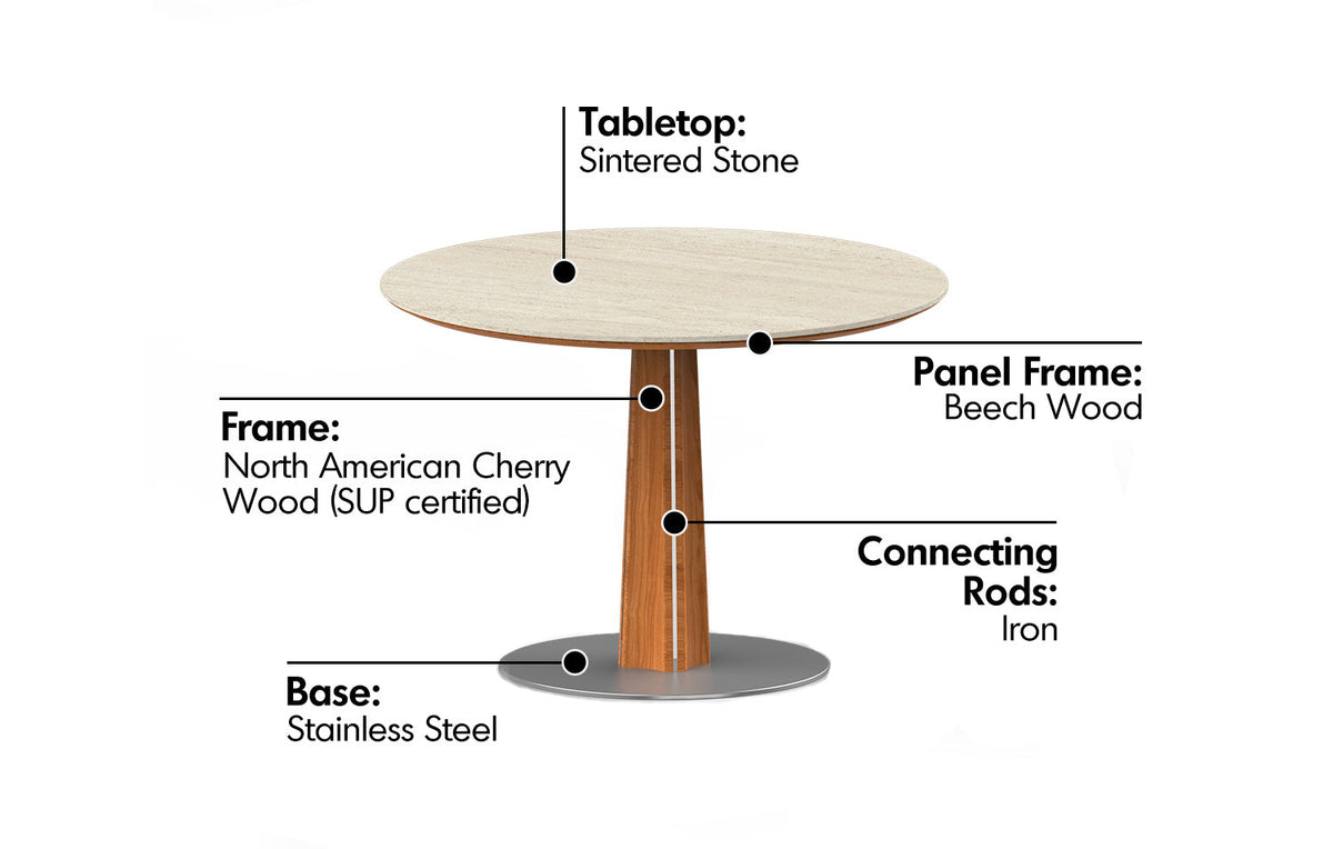 more material details of Bauhaus Cherry Wood Sintered Stone Round Dining Table PINECONE