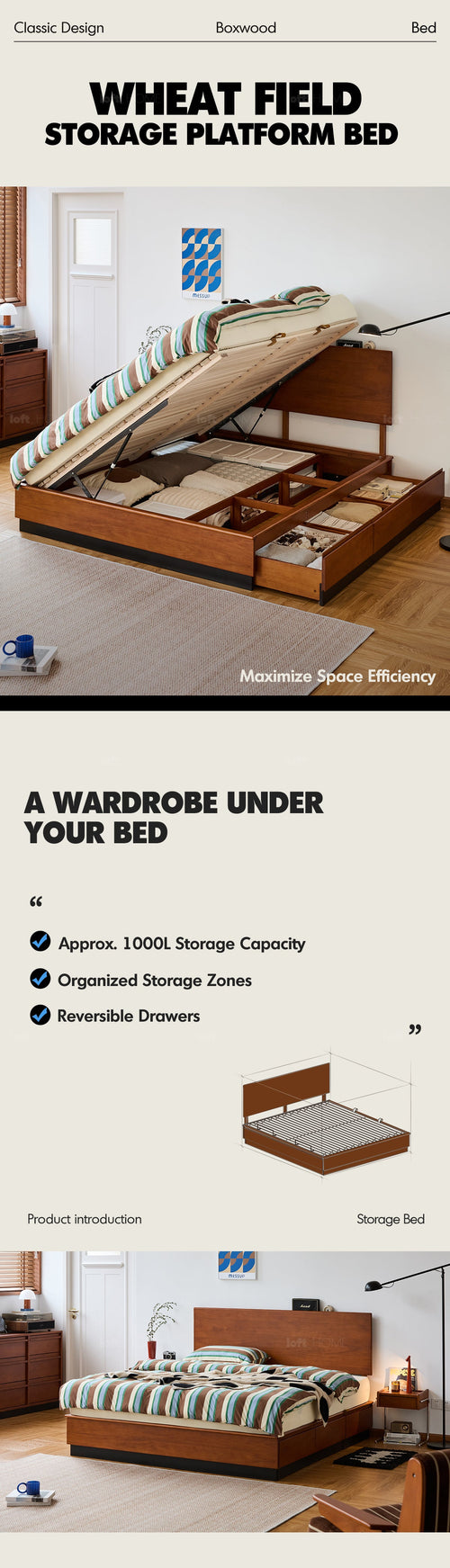 Vintage Boxwood Lift-Up Storage Platform Bed With Drawer WHEAT FIELD Good to Know Preview-1