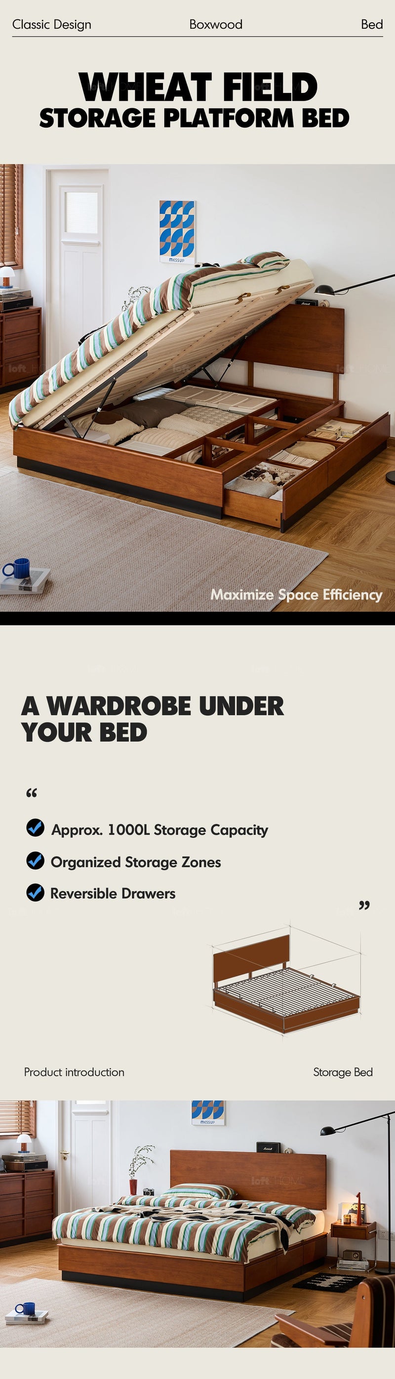 more product details and feature of Vintage Boxwood Lift-Up Storage Platform Bed With Drawer WHEAT FIELD