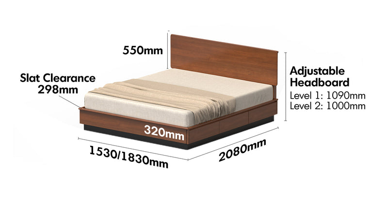 dimension detail diagram of Vintage Boxwood Lift-Up Storage Bed With Drawer WHEAT FIELD