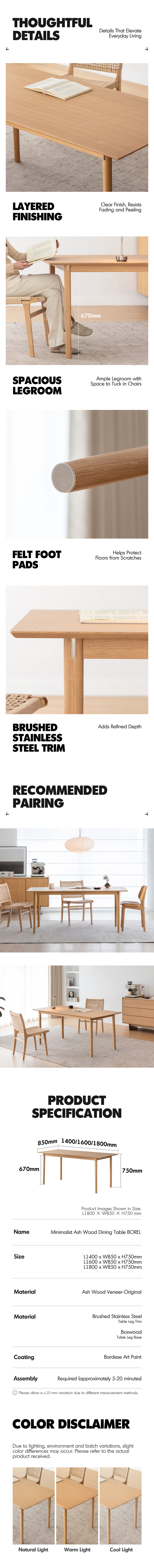 more product details and feature of Minimalist Ash Wood Dining Table BOREL