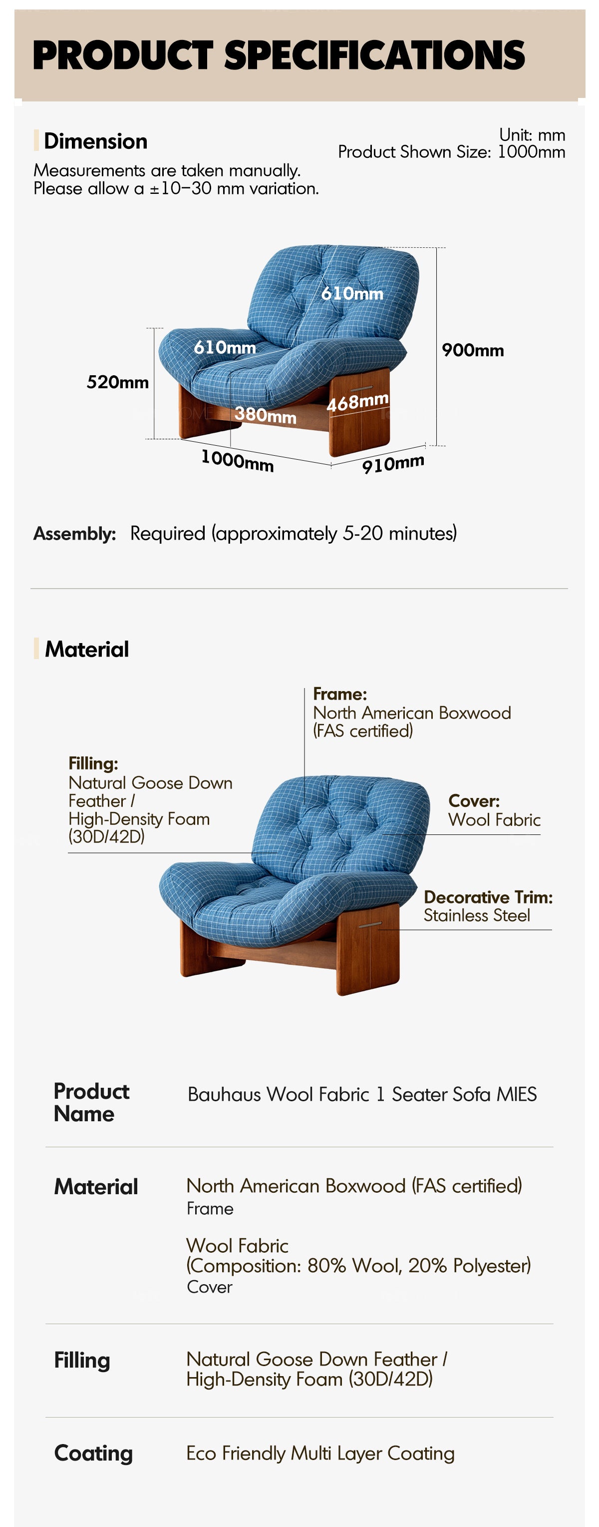 more product details and feature of Bauhaus Wool Fabric 1 Seater Sofa MIES