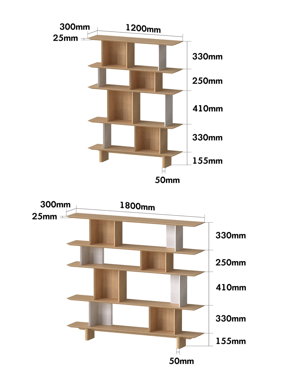 dimension detail diagram of Minimalist Oak Wood Veneer Shelf BERG