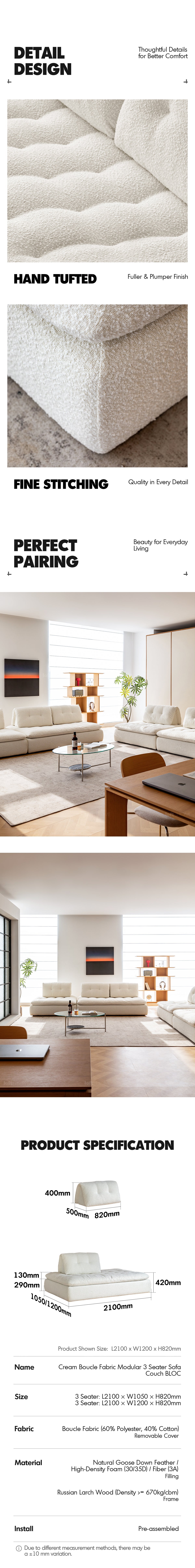 more product details and feature of Cream Boucle Fabric Modular 3 Seater Sofa Couch BLOC