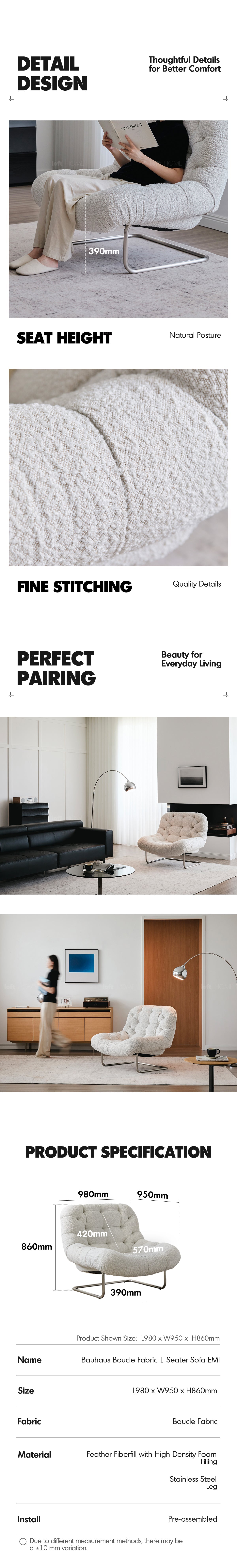 more product details and feature of Bauhaus Boucle Fabric 1 Seater Sofa EMI