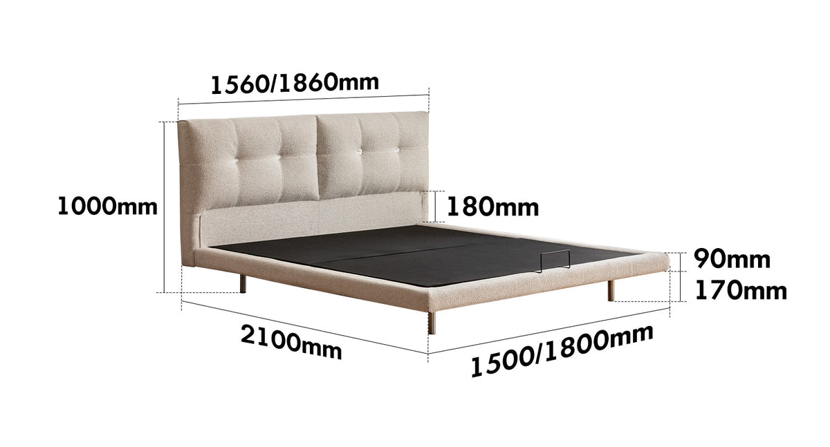 dimension detail diagram of Minimalist Boucle Fabric Bed MORN