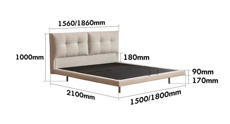 dimension detail diagram of Minimalist Boucle Fabric Bed MORN